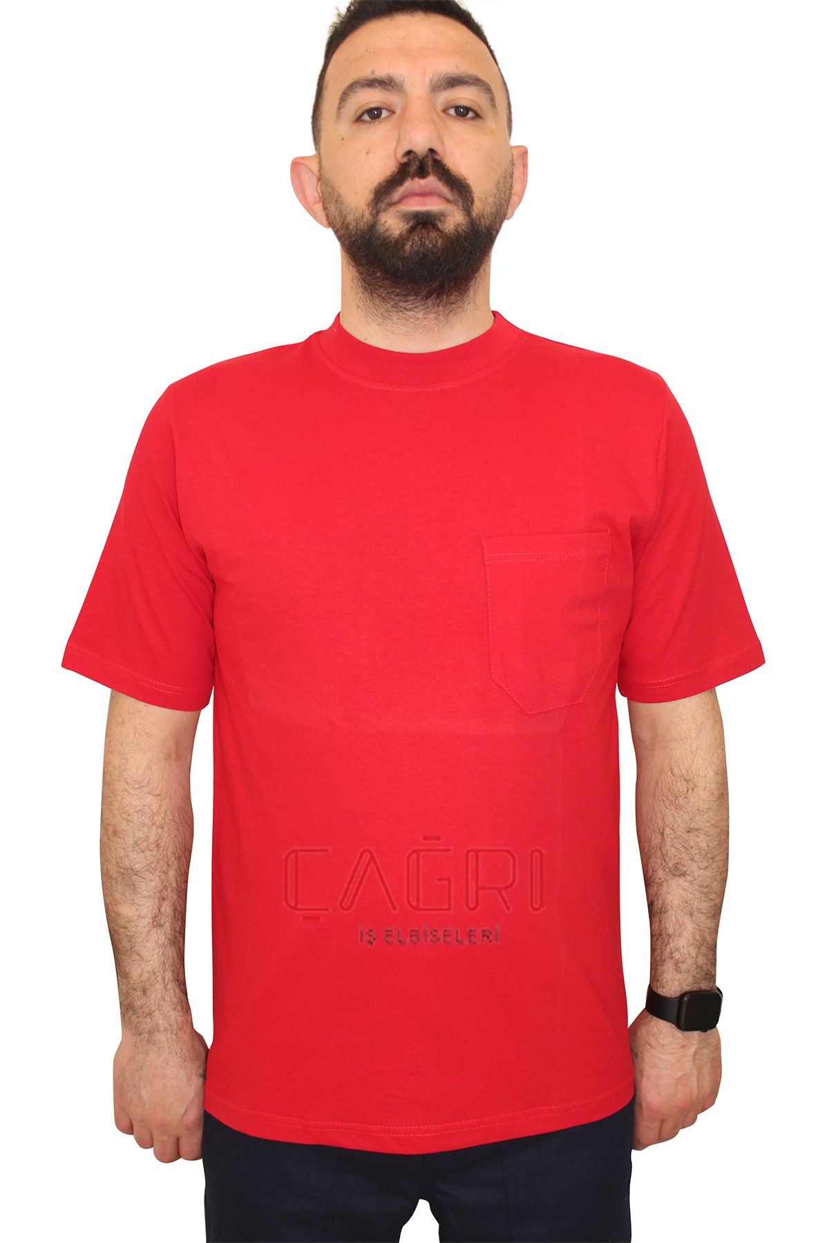 Bisiklet Yaka Penye T-shirt Kırmızı Renk Cepli