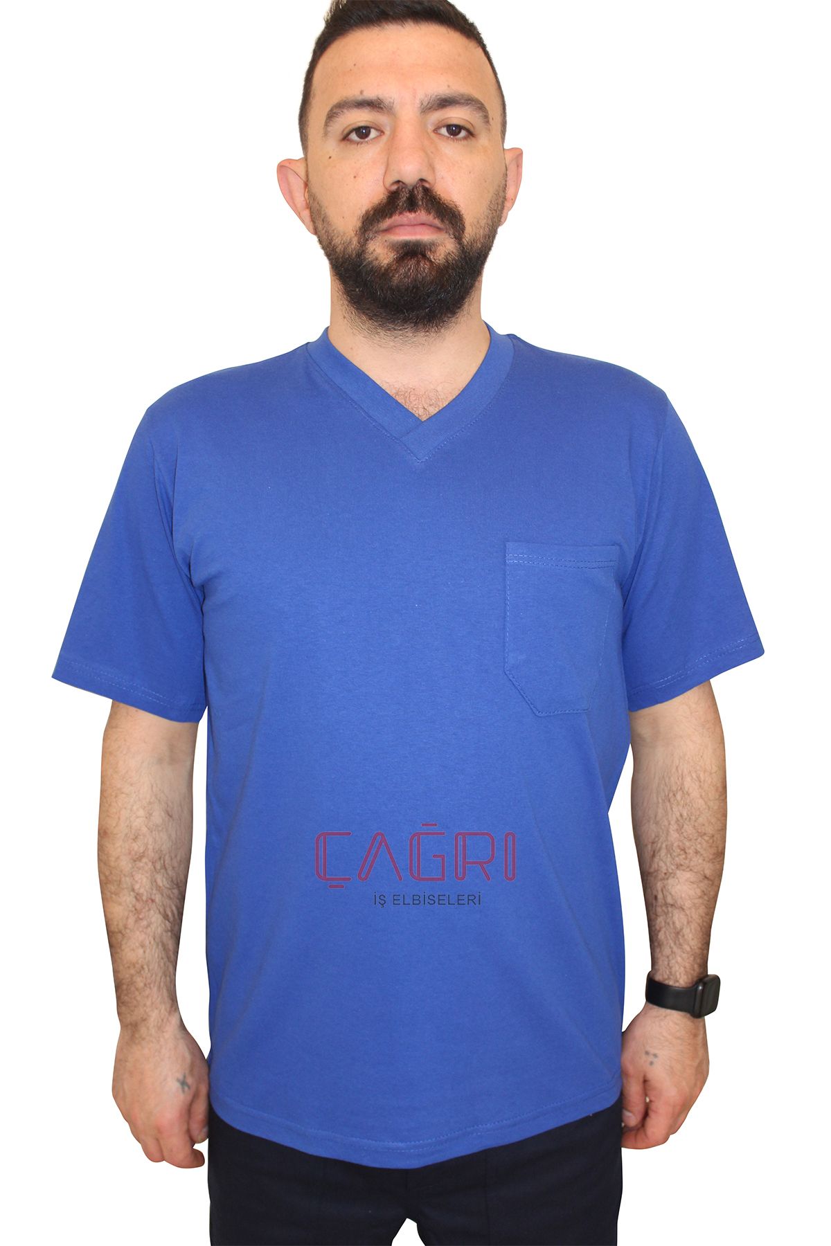 V Yaka T-shirt  Saks Mavi Renk