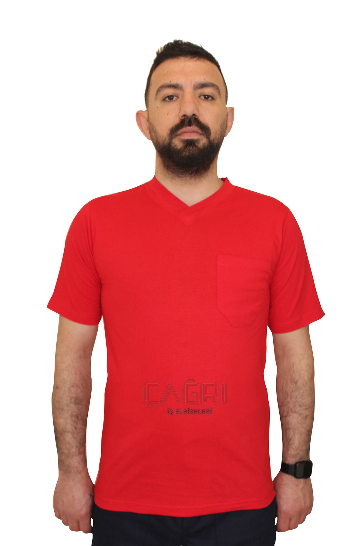 V Yaka T-shirt Kırmızı Renk Cepli